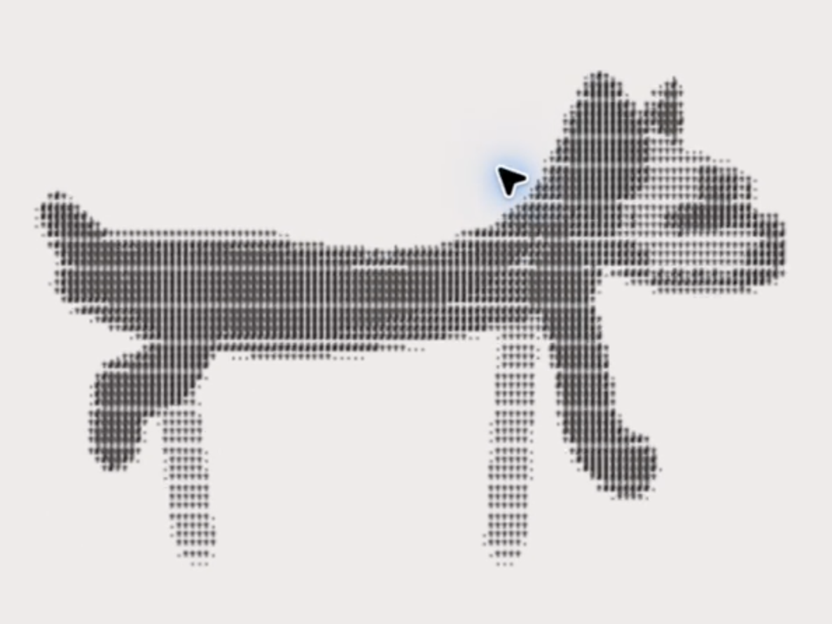 A failed procedural animation in which lower-body pixels moved but the dog silhouette stretched and broke apart